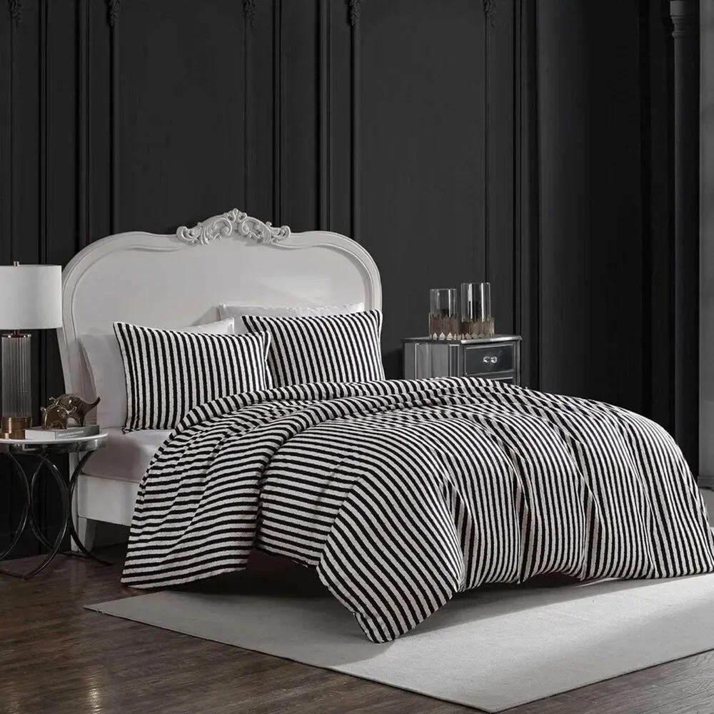 🆕 Betsey Johnson Black White Stripe Duvet QUEEN SET  Cover Pillow Cases NIP